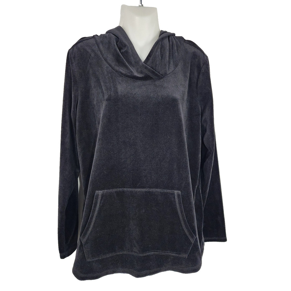 Sunday Womens Velour Hoodie Pullover Medium Black Kangaroo Pocket Soft Lounge